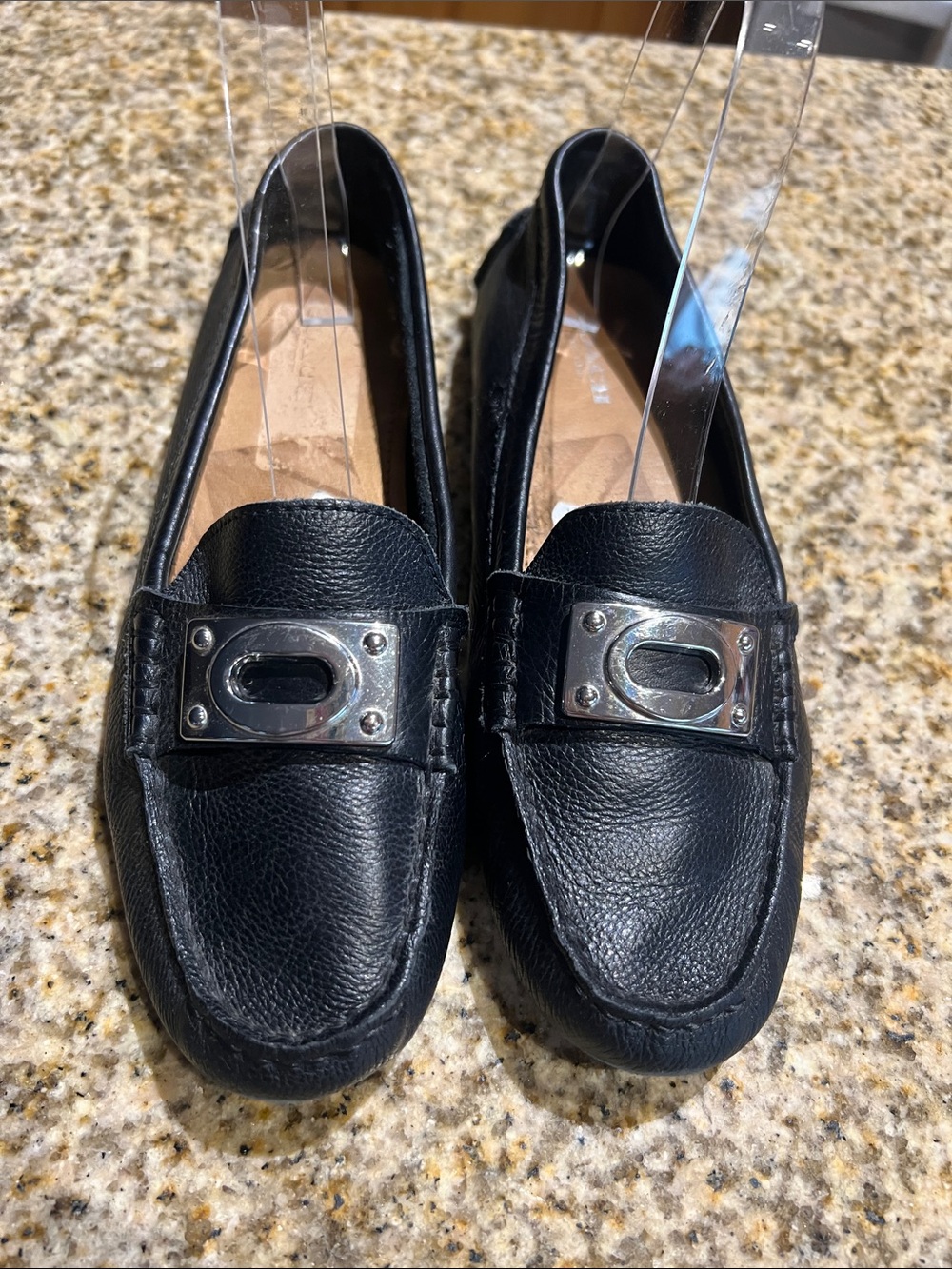 Black Leather Women's Loafers with Silver Accent